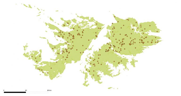 A map of the Falkland Islands showing the locations of all planned soil survey points (dependent on landowner permission)