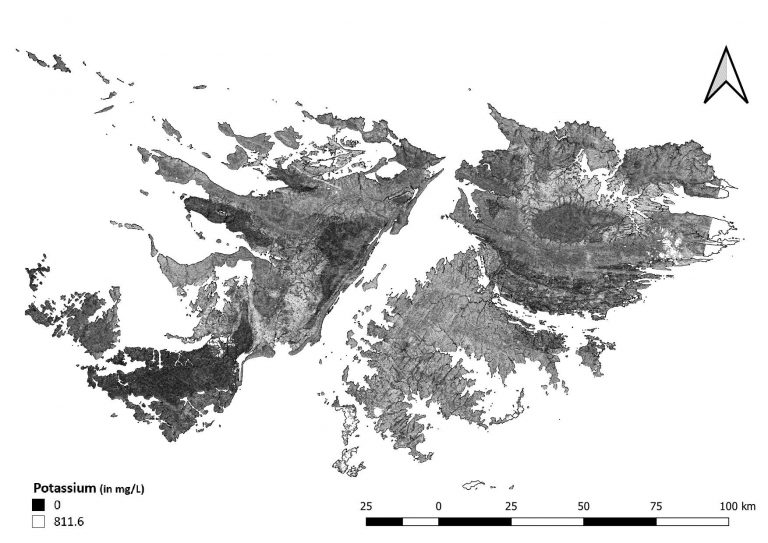 Preliminary soil map showing potassium levels across the Falkland Islands, based on 47 survey points collected between 2012–2014