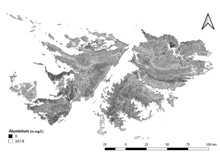 Preliminary soil map illustrating soil aluminium concentrations across the Falkland Islands from initial soil sampling.