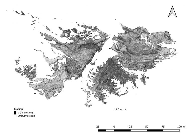 Preliminary map indicating erosion levels across the Falkland Islands, derived from a subset of soil survey points